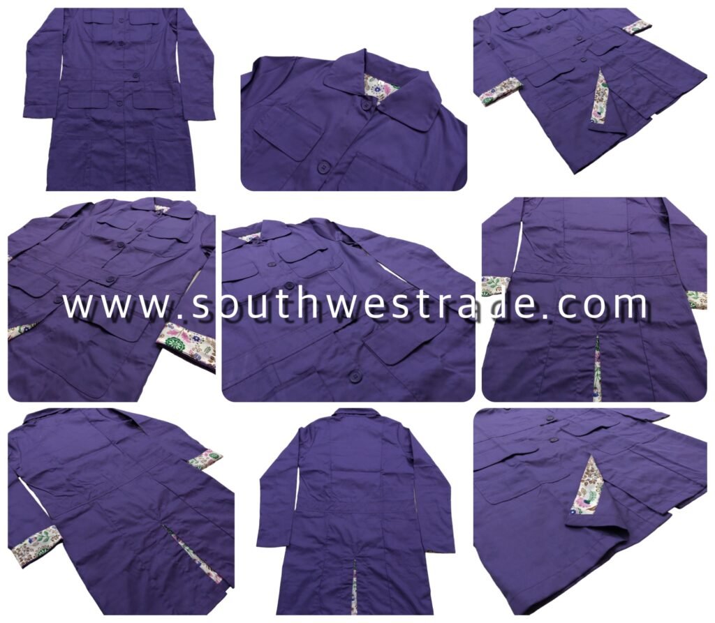 Collage of purple garments showing front views and construction details