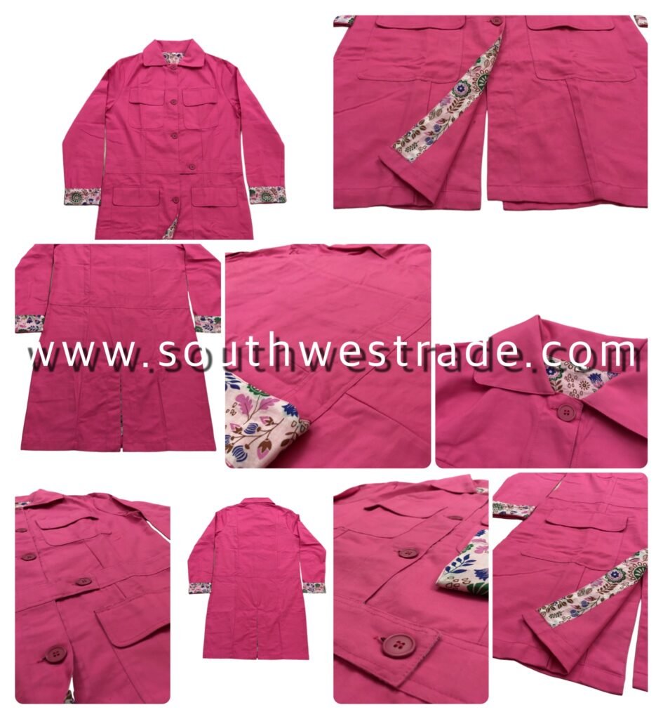 Collage of pink garments showing front views and printed details