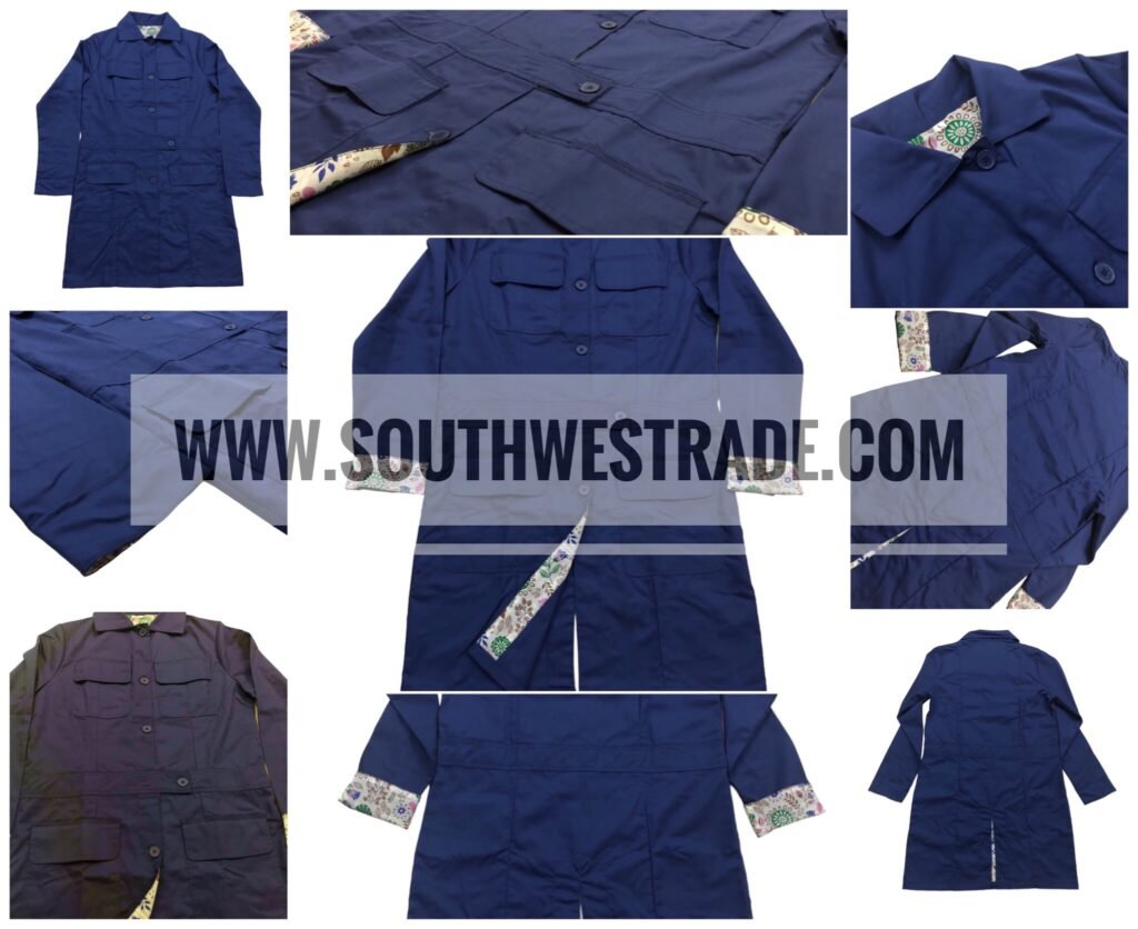 Collage of navy garments showing front views and patterned trim