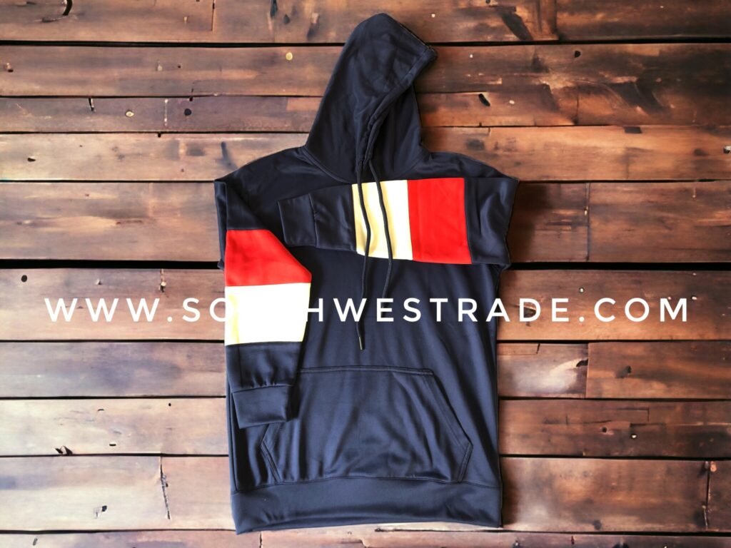 Black hoodie with red, white and yellow colour-block details