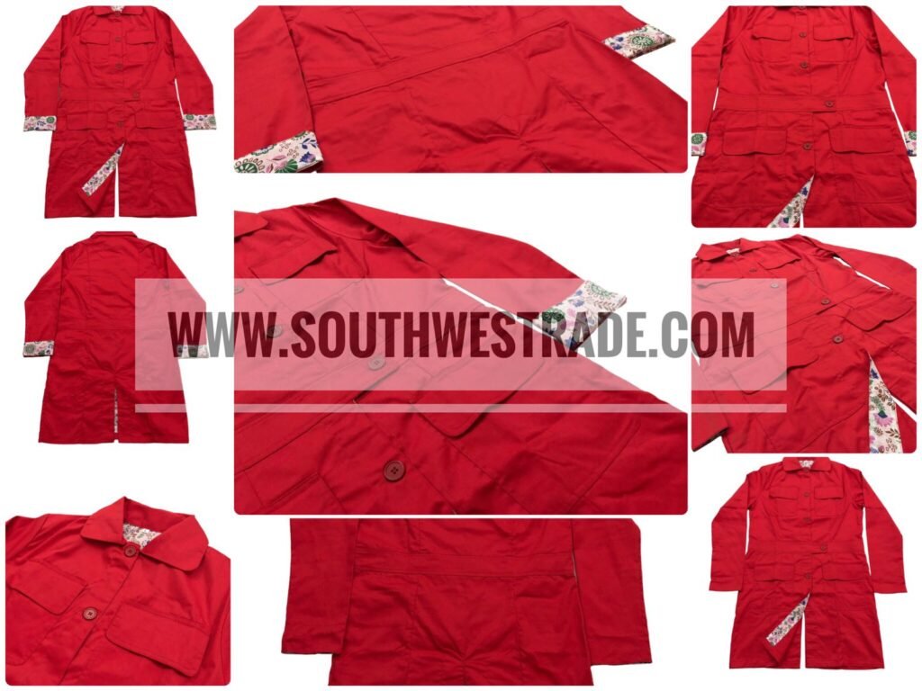 Collage of red garments showing front views and construction details