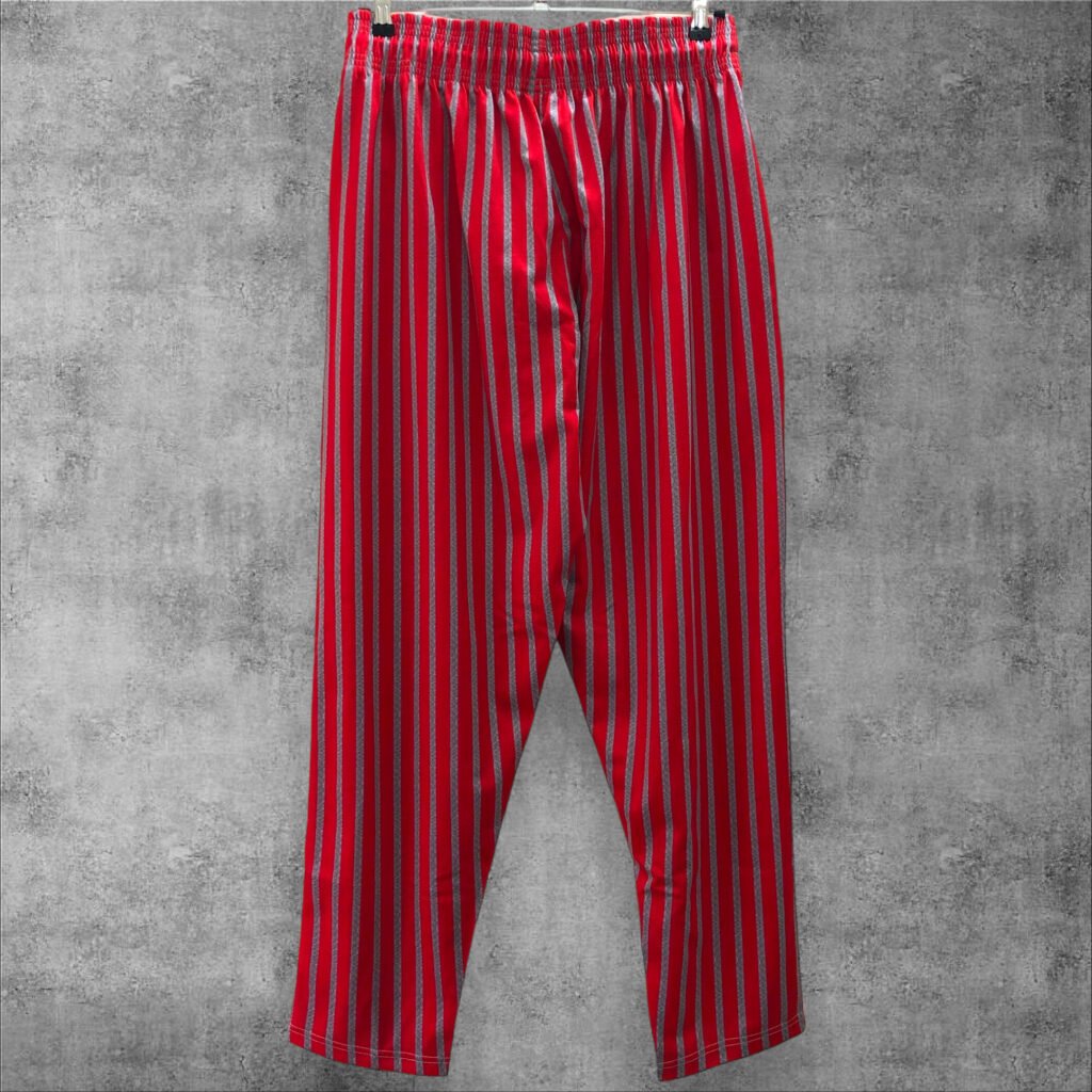 Red trousers with narrow vertical stripes and an elastic waistband