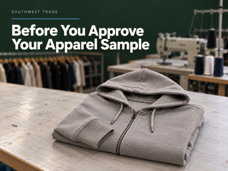Illustrative folded grey hoodie in a garment workshop with the sample approval guide title