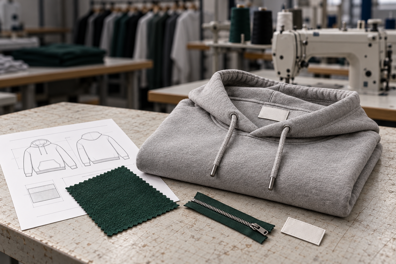 Illustrative hoodie sample, garment drawing, fabric swatch, zipper and label on a workshop table