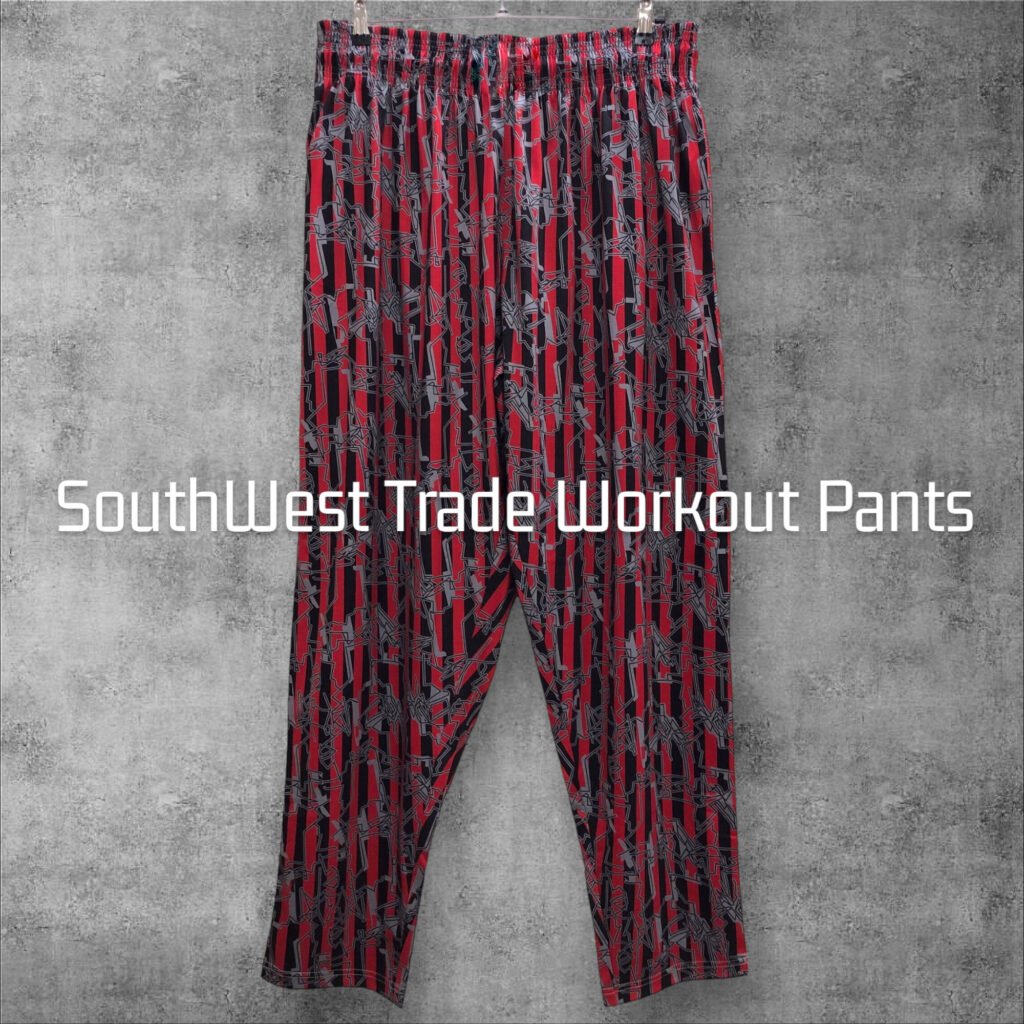 Red and black patterned workout trousers with tapered legs.