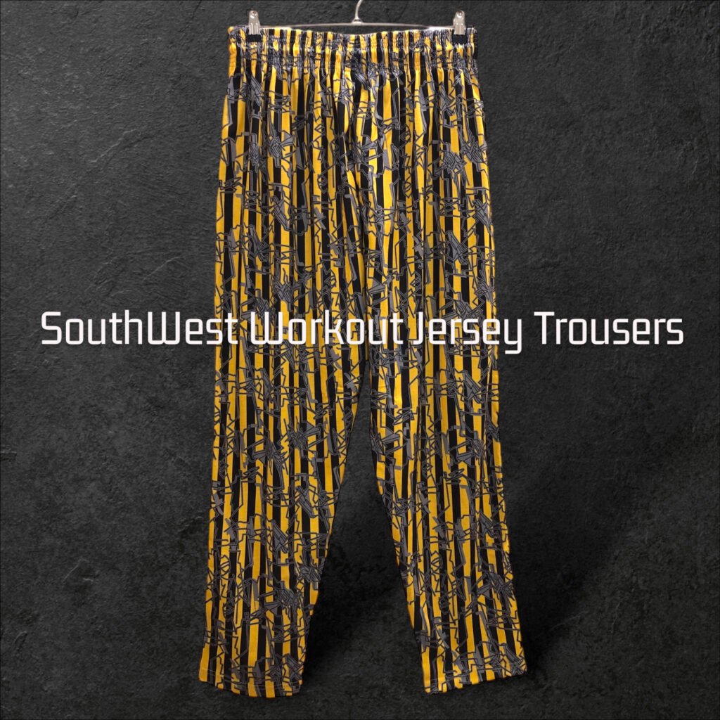 Yellow and black patterned workout trousers with an elastic waistband.
