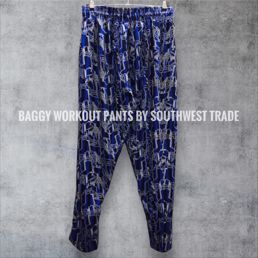 Blue patterned workout trousers with a drawstring waistband.