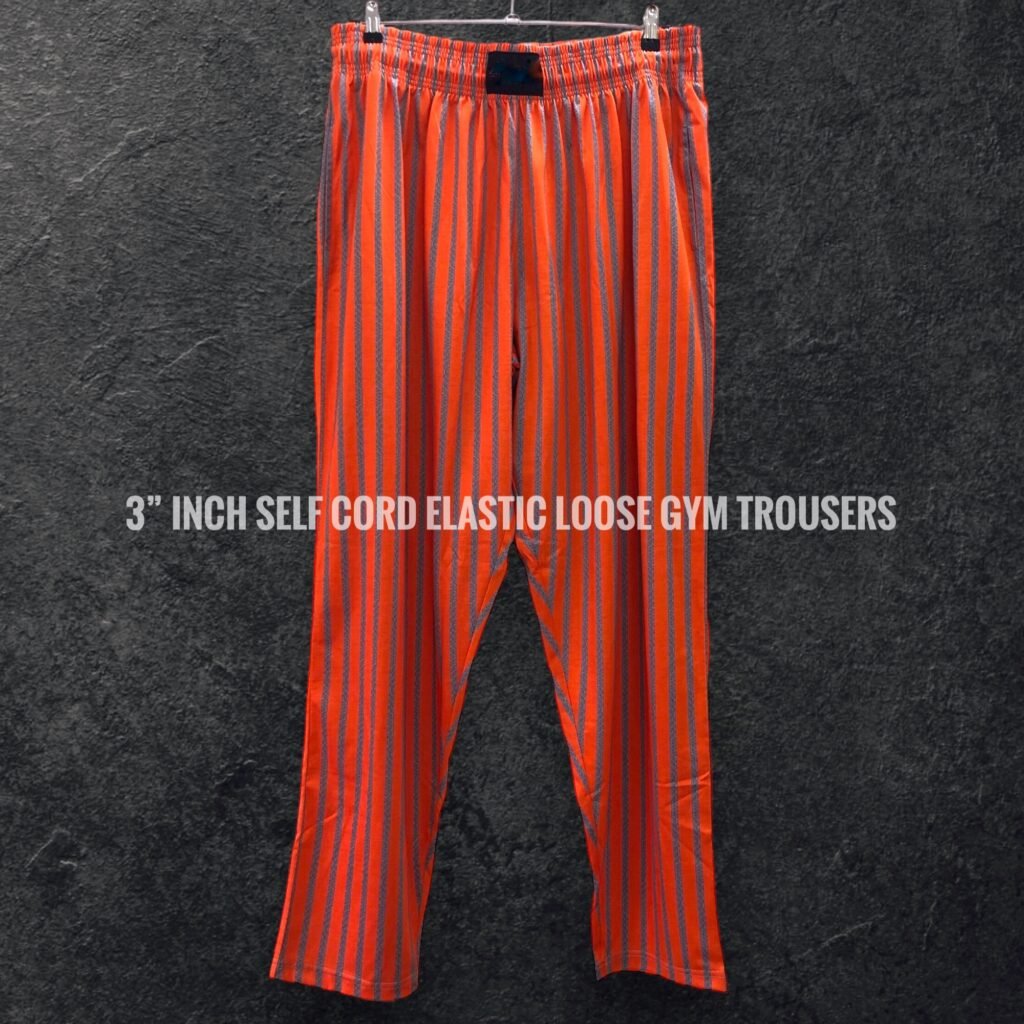 Orange striped gym trousers with an elastic waistband.