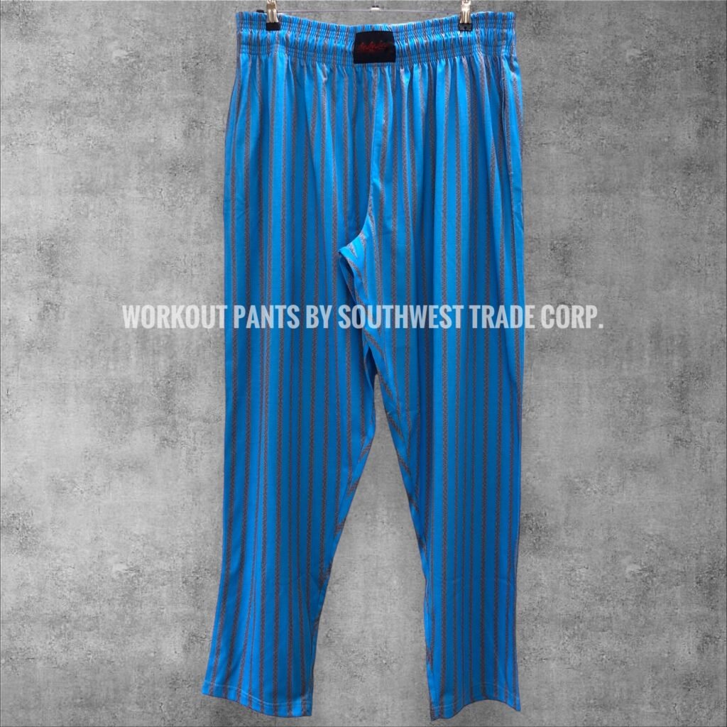Blue workout trousers with an elastic waistband.