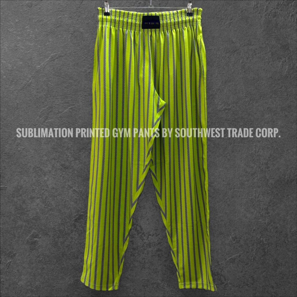 Lime green striped gym trousers with an elastic waistband.