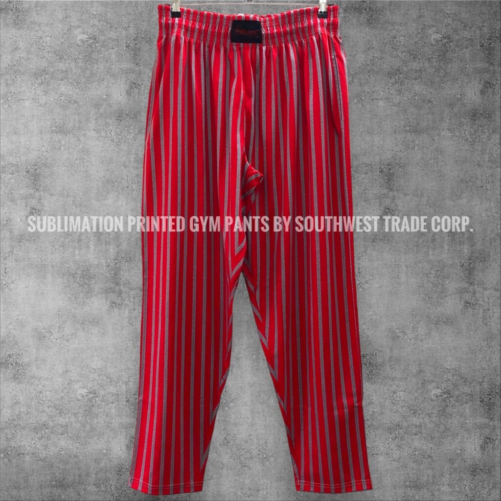 Red striped gym trousers with an elastic waistband.