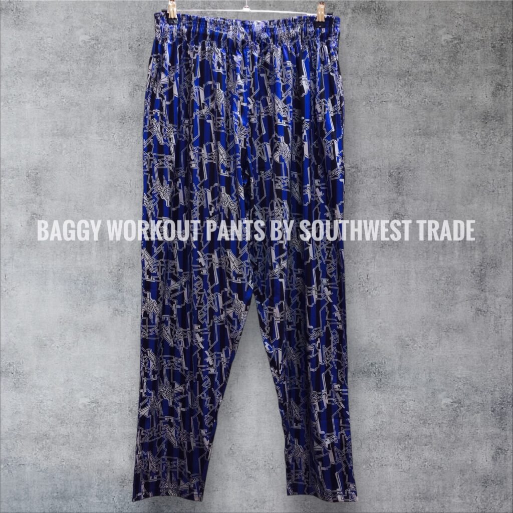 Blue patterned workout trousers with tapered legs.