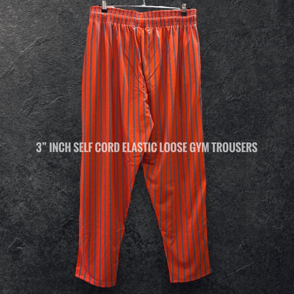 Orange striped gym trousers with tapered legs.