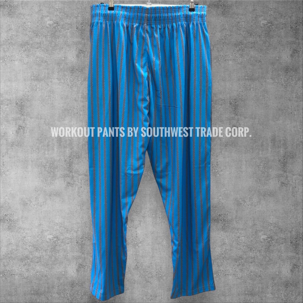 Blue workout trousers with tapered legs.