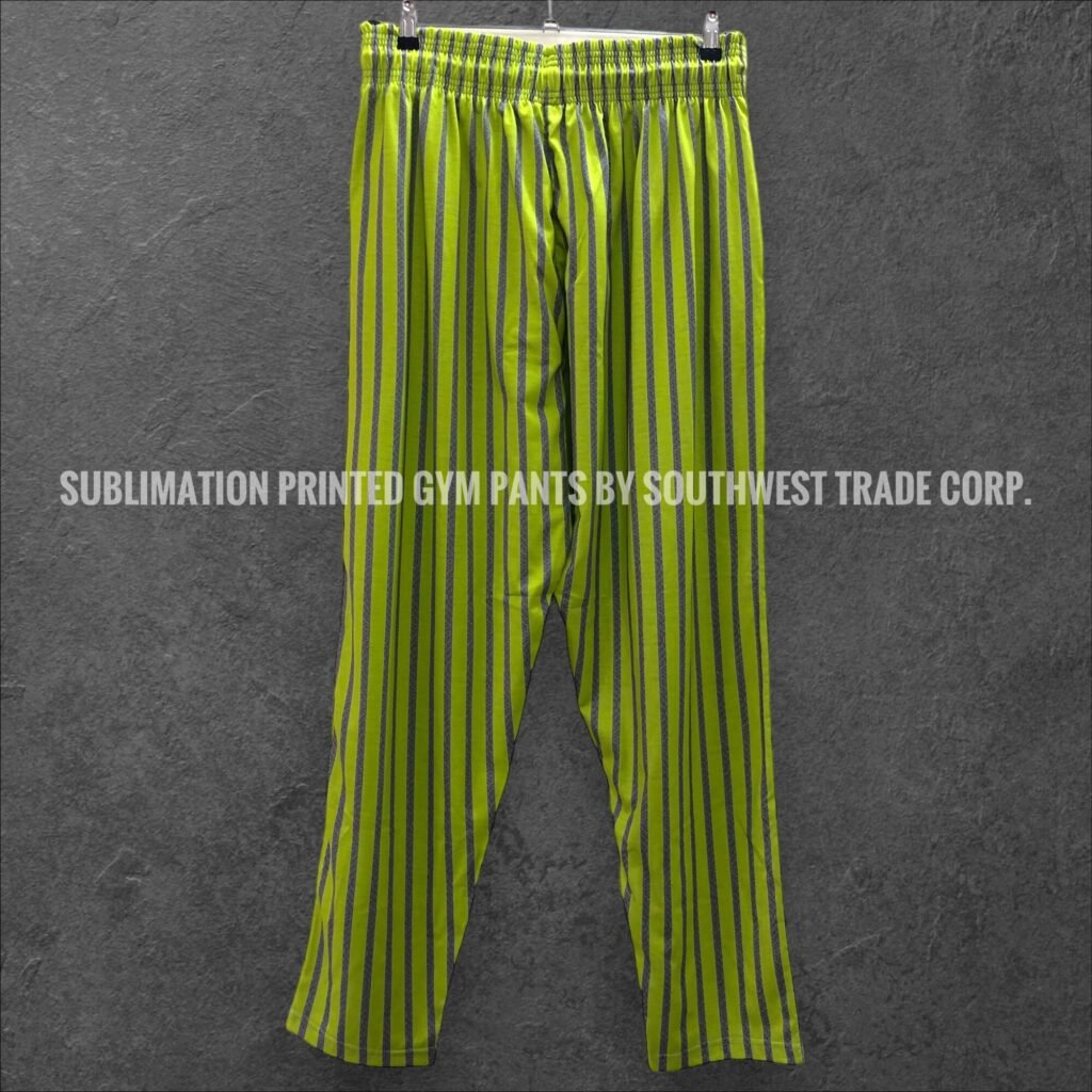 Lime green striped gym trousers with tapered legs.