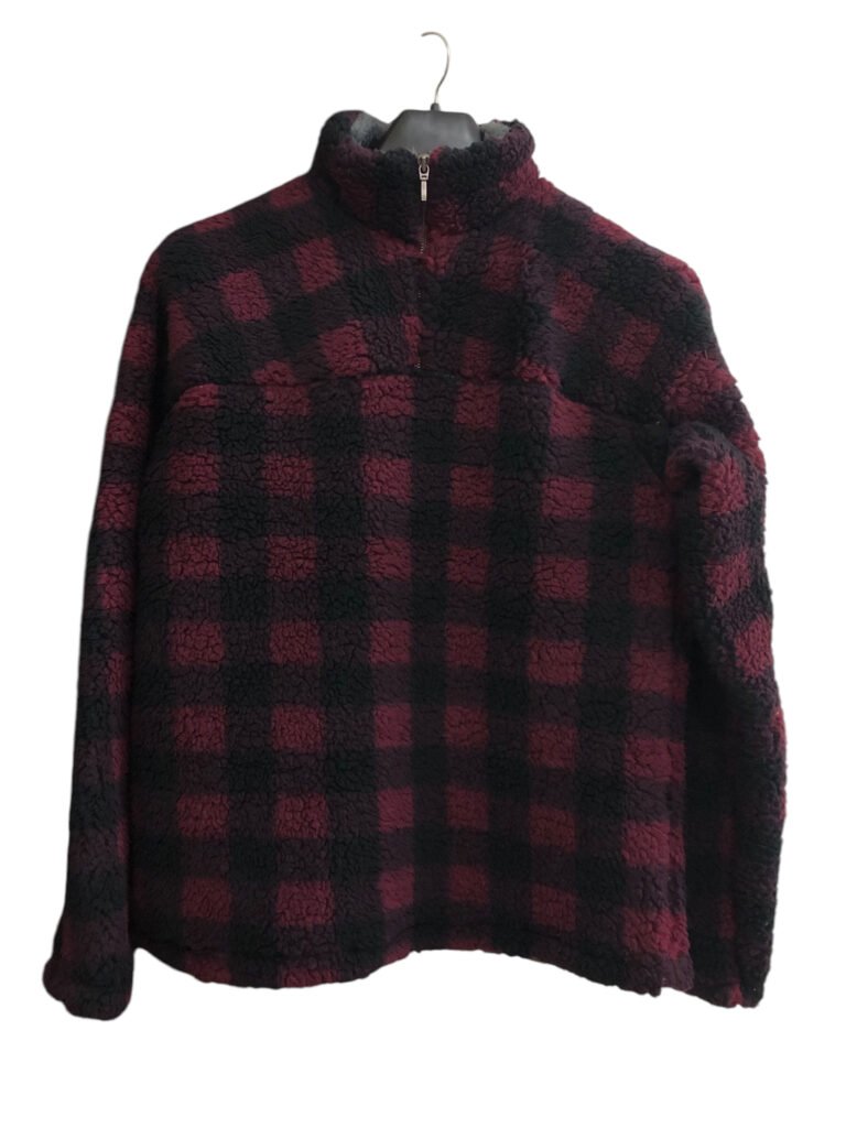 Red and black check fleece pullover with a quarter zip.