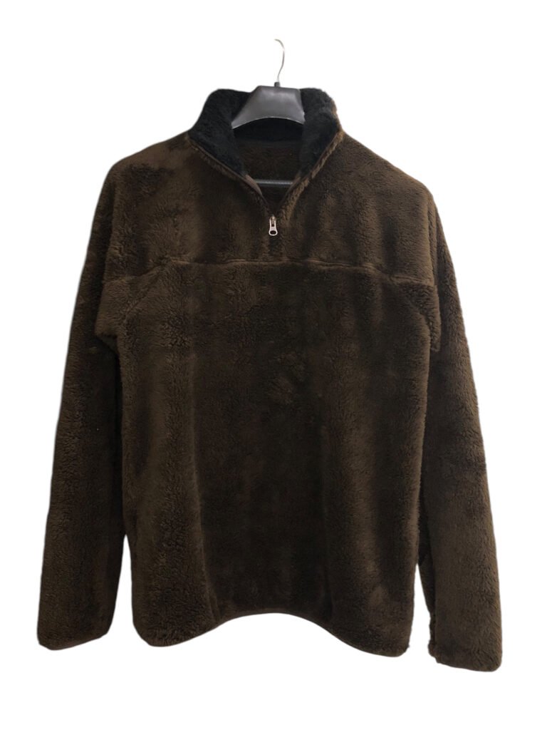 Brown textured fleece pullover with a quarter zip.