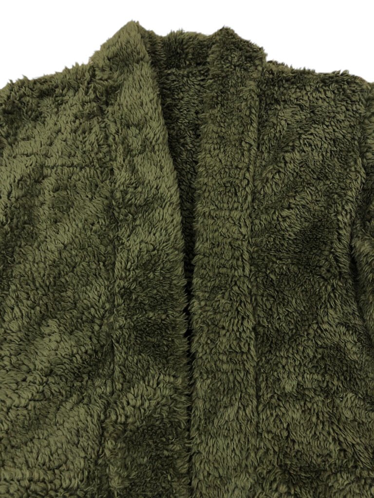 Close-up of the collar and full zip on an olive green fleece jacket.