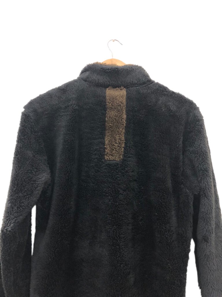 Back view of a dark grey textured fleece pullover.