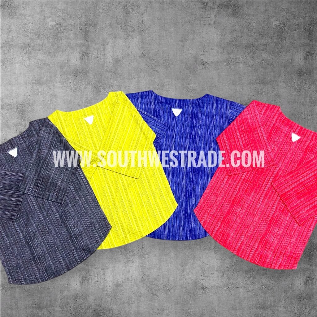 Grey, yellow, blue and red sleeveless tops arranged together.
