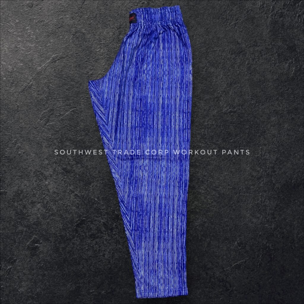 Blue patterned workout trousers shown from the side.