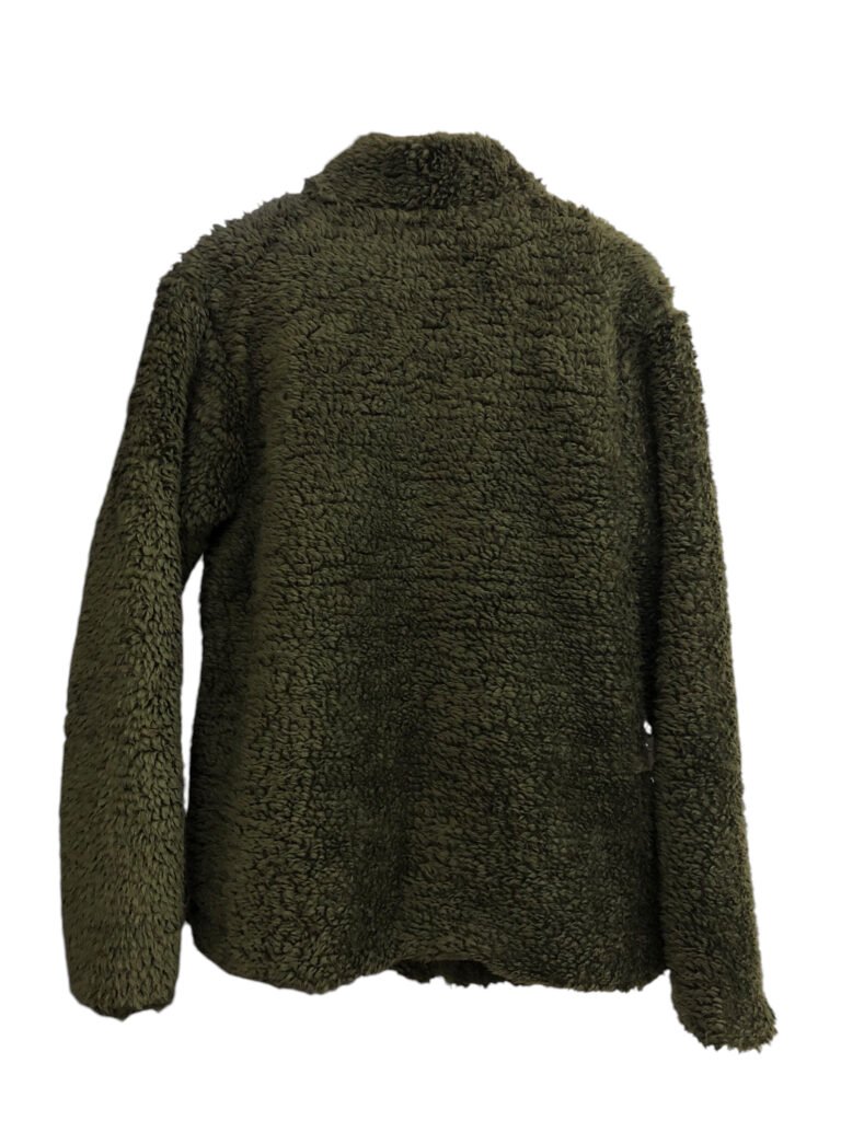 Back view of an olive green textured fleece jacket.