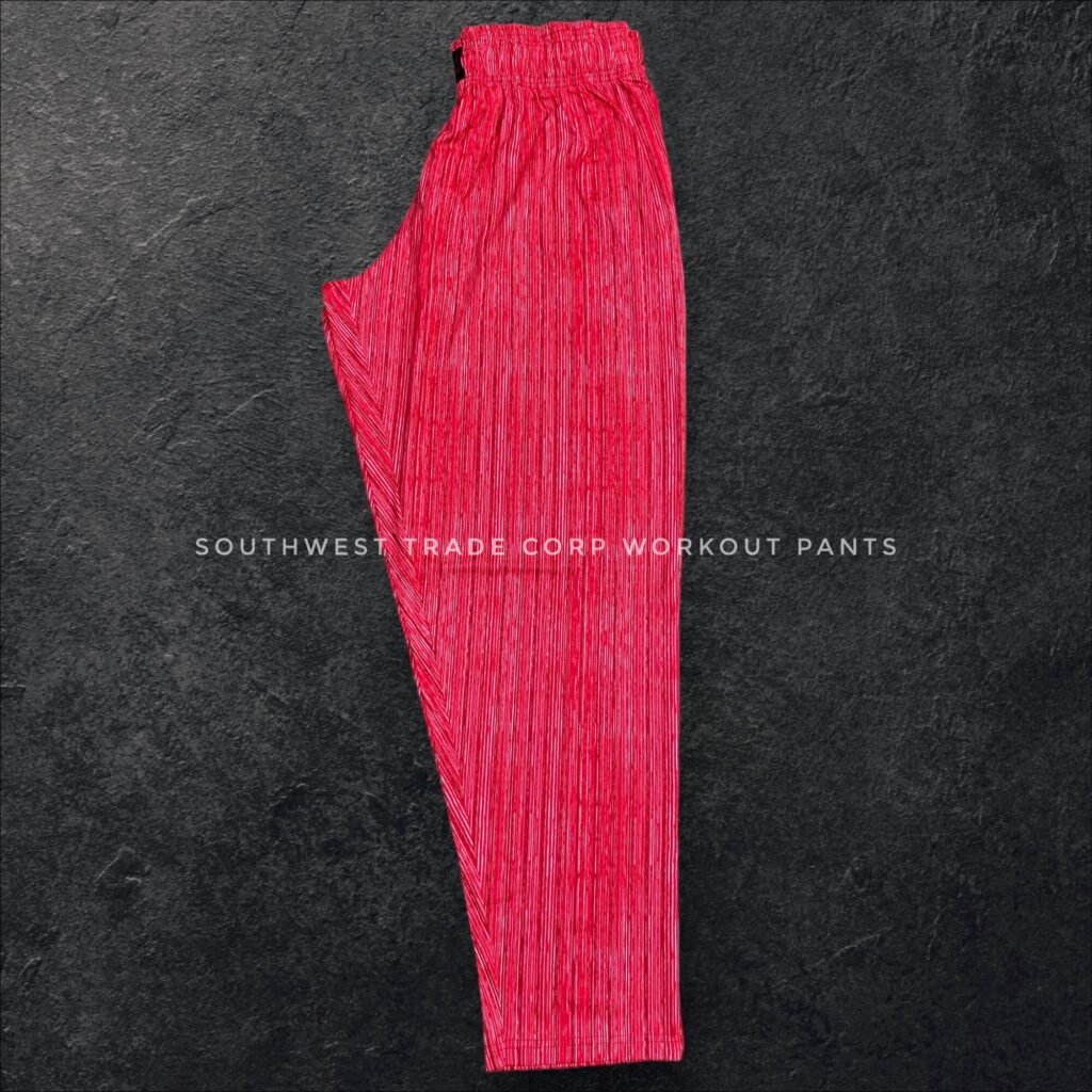 Red patterned workout trousers shown from the side.