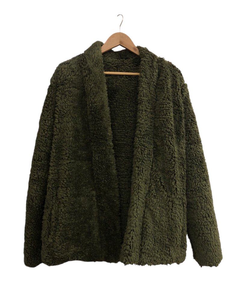 Olive green textured fleece jacket displayed on a hanger.