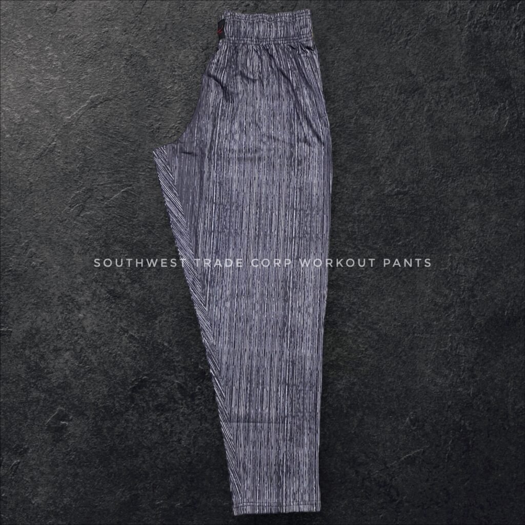 Grey patterned workout trousers shown from the side.