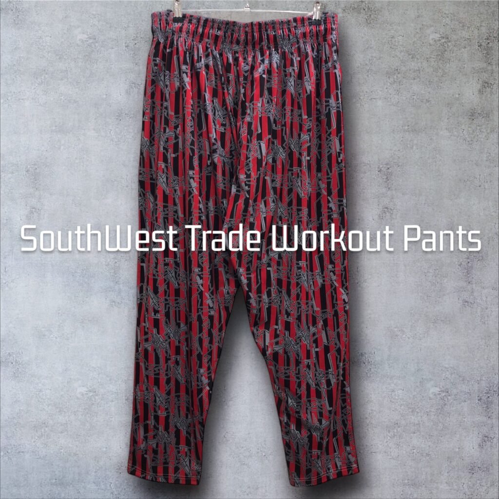 Red and black patterned workout trousers with an elastic waistband.
