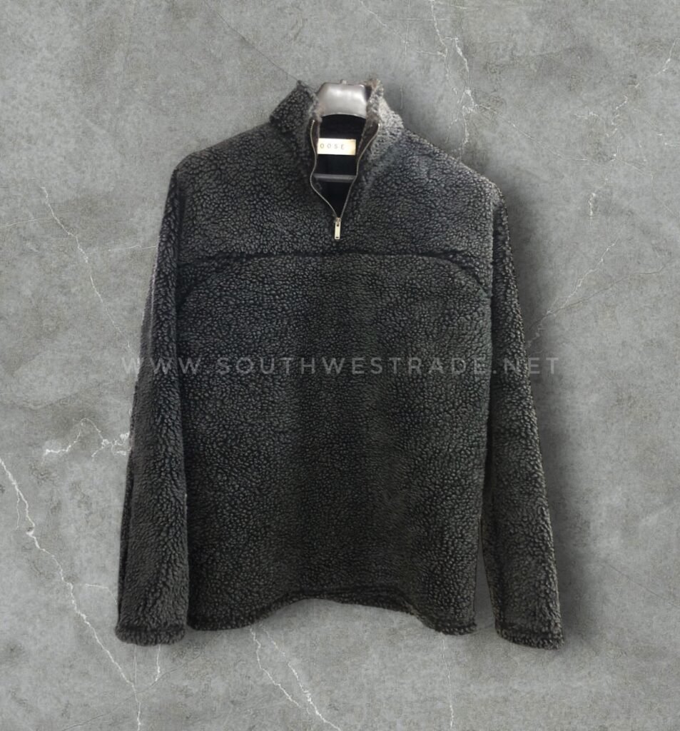 Dark grey textured fleece pullover with a quarter zip.