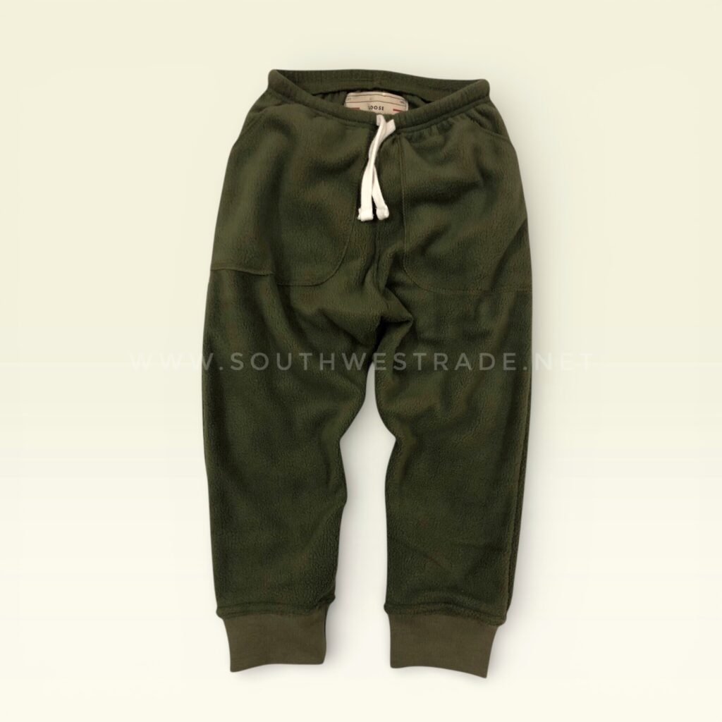 Olive green drawstring joggers laid flat.