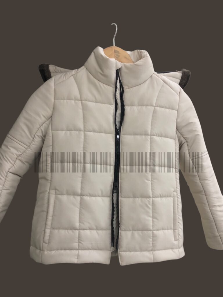 Off-white padded jacket displayed from the front.