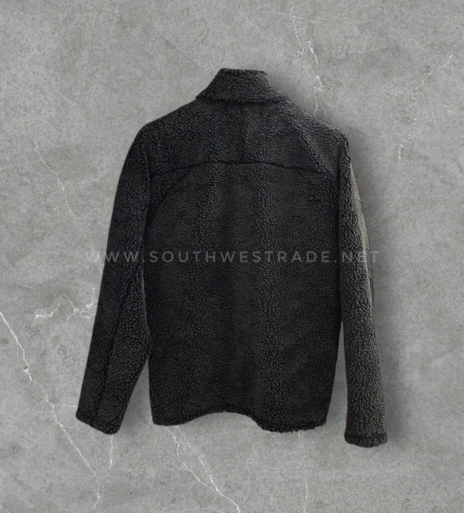 Back view of a black textured fleece pullover.