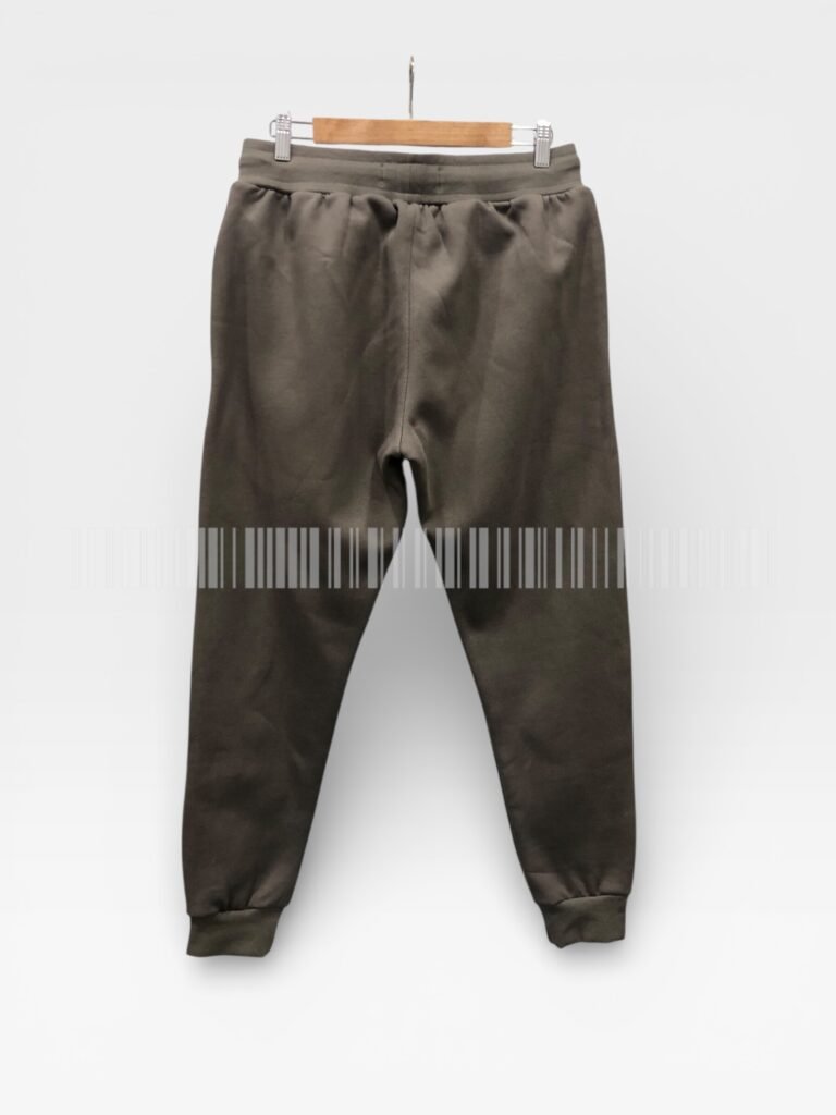 Back view of brown joggers displayed on a hanger.