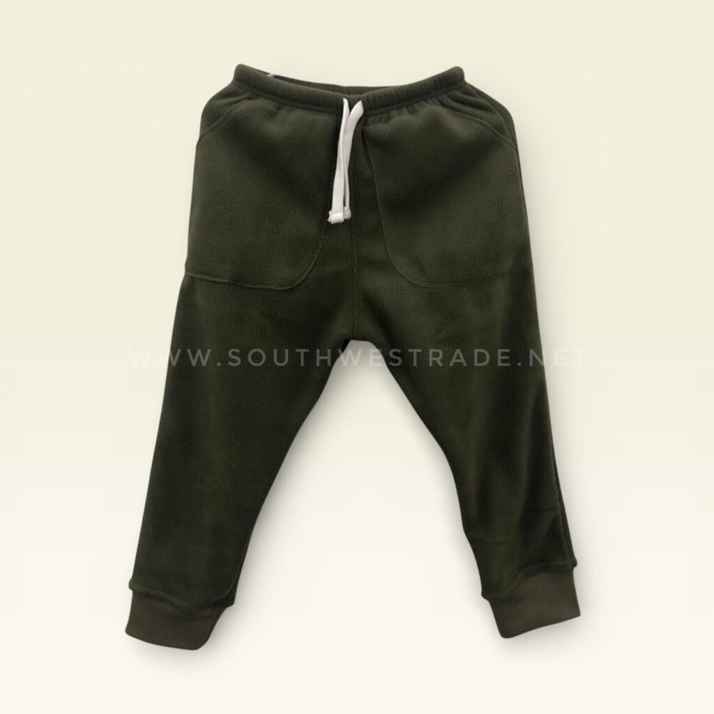 Olive green joggers with a drawstring waistband.