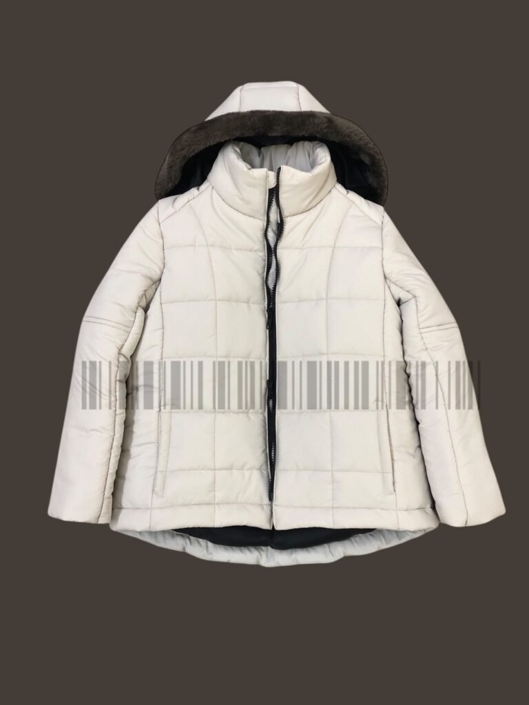 Off-white hooded padded jacket with a full zip.