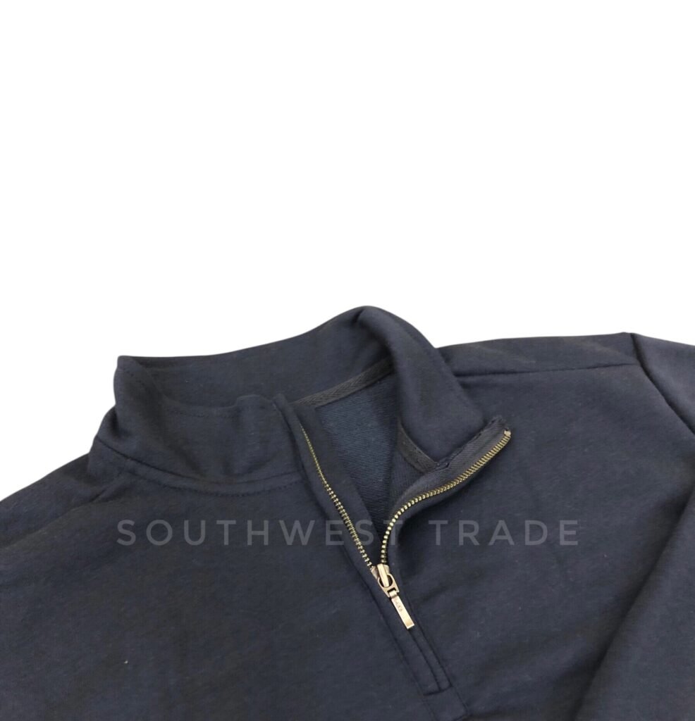 Close-up of the collar and zip on a navy pullover.