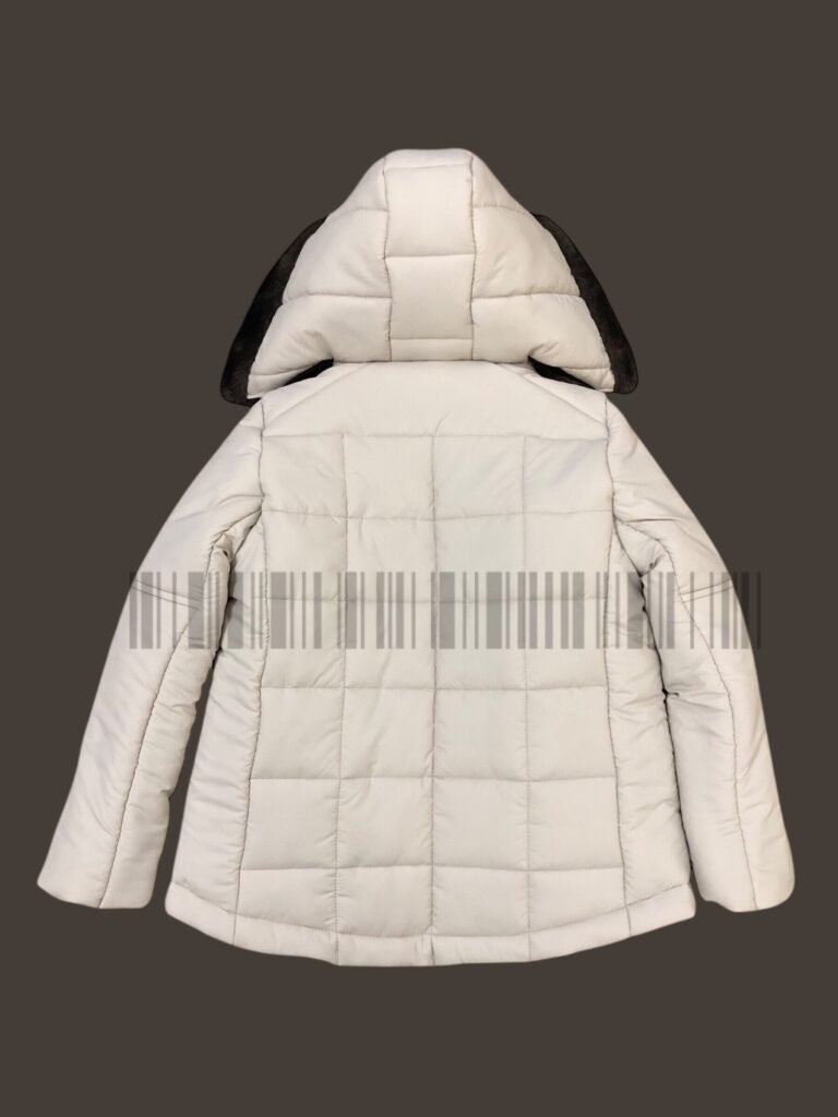 Back view of an off-white hooded padded jacket.