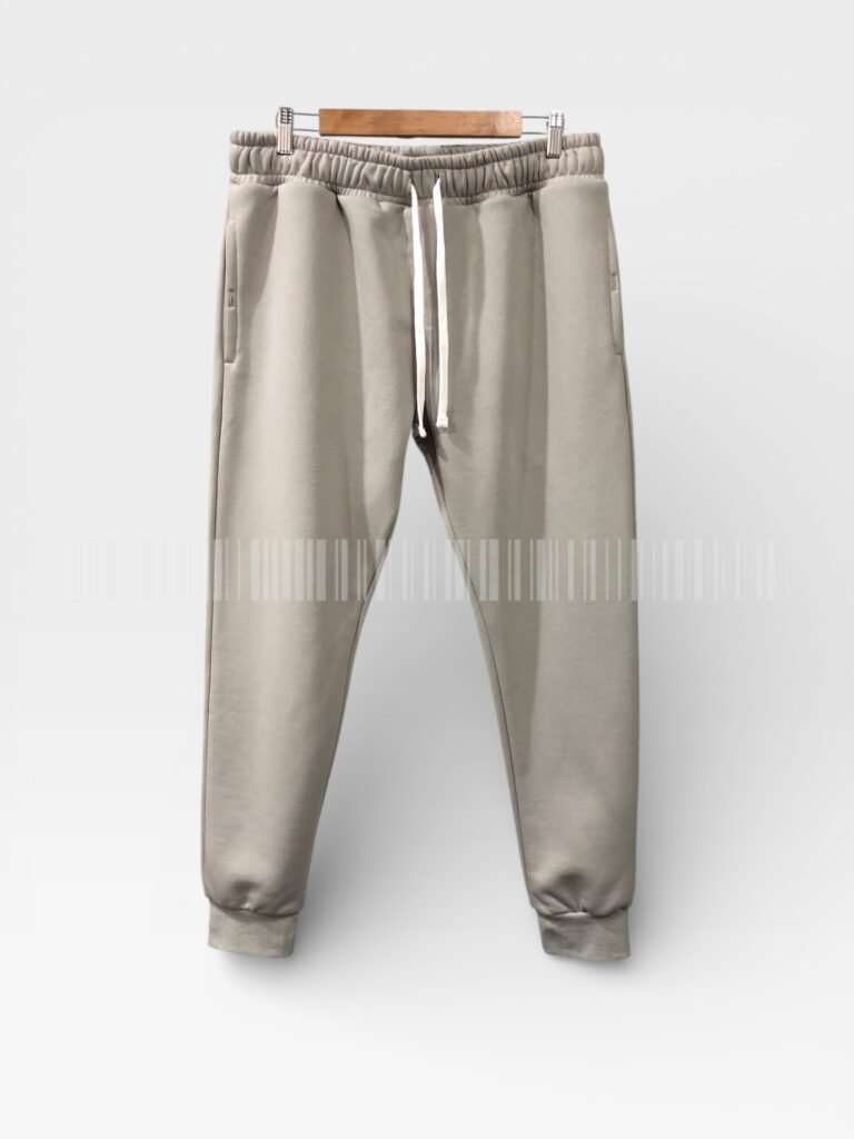 Light grey joggers with a drawstring waistband.