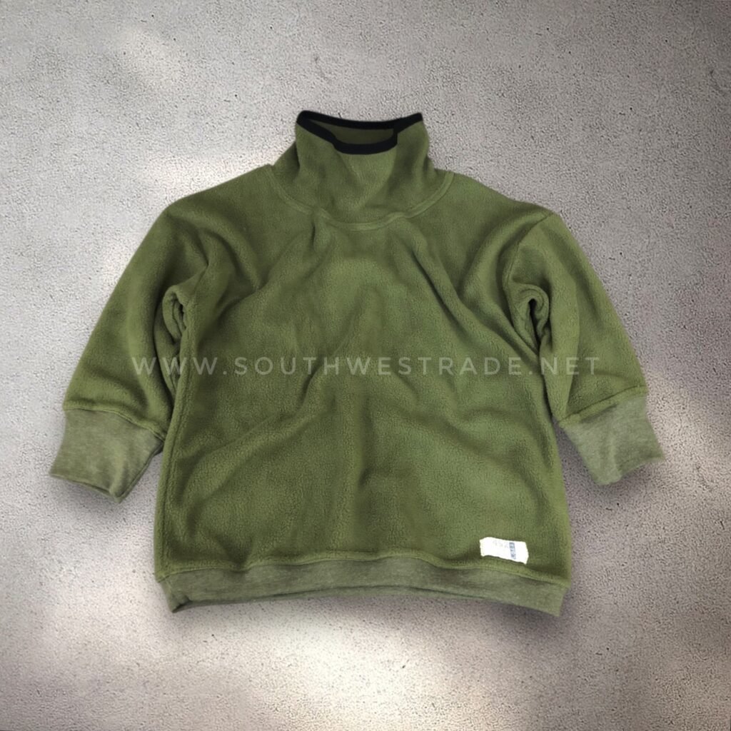 Olive green long-sleeve sweatshirt laid flat.