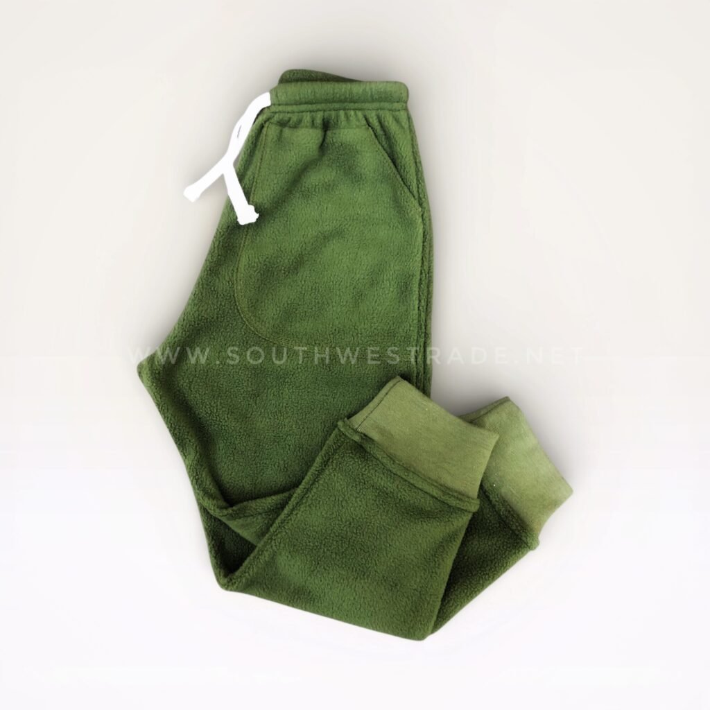 Olive green joggers with one leg folded.