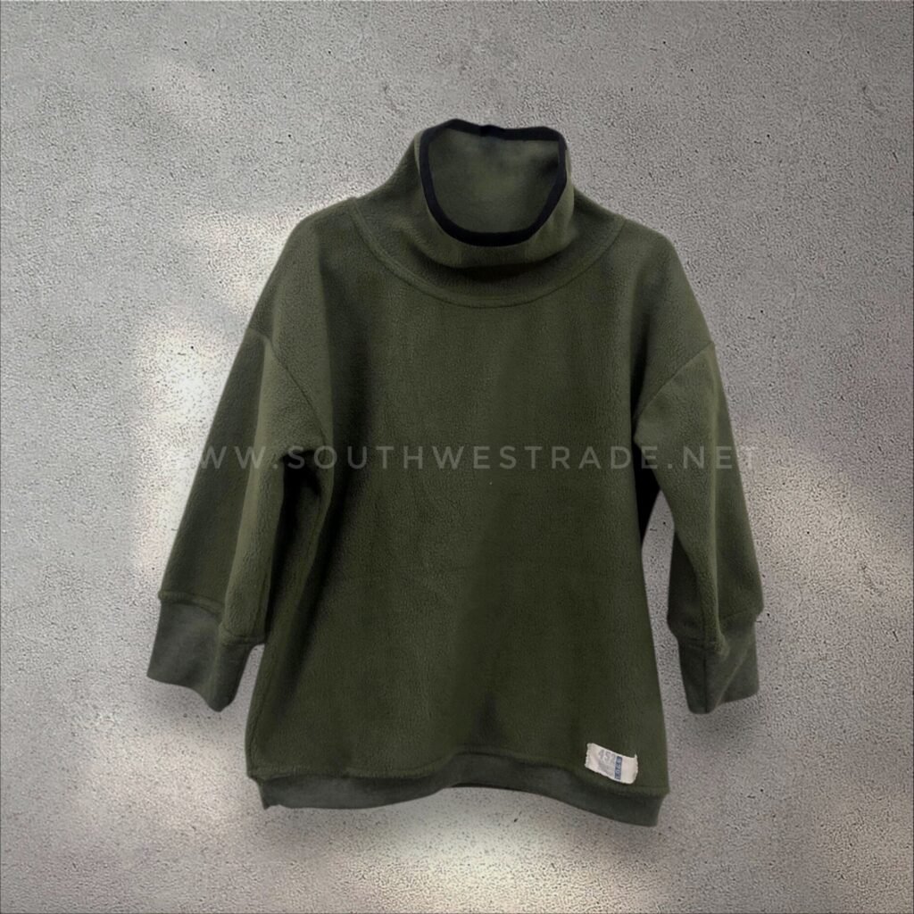 Olive green sweatshirt laid flat, front view.