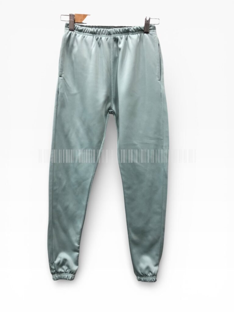 Sage green joggers displayed on a hanger.