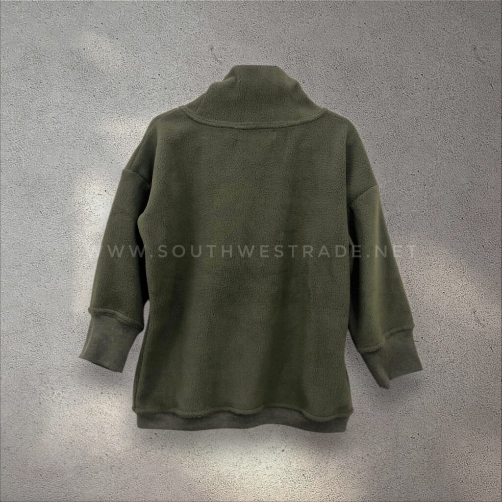 Back view of an olive green sweatshirt.