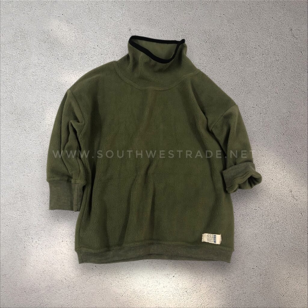 Olive green sweatshirt with ribbed cuffs and hem.