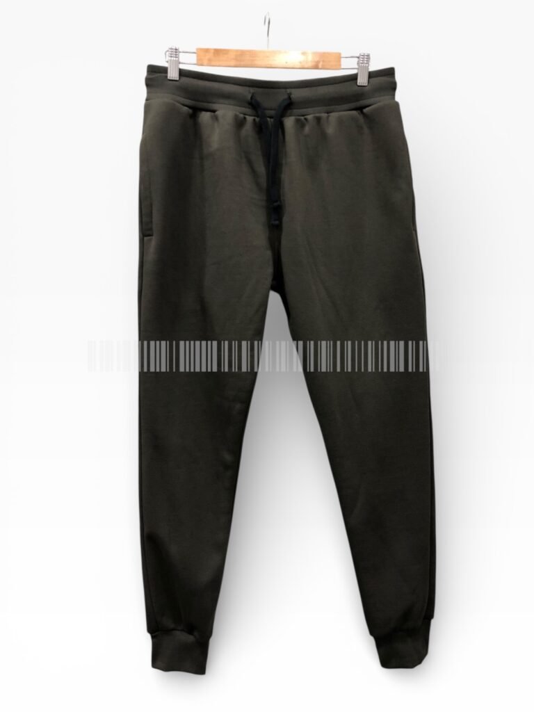 Back view of black joggers displayed on a hanger.