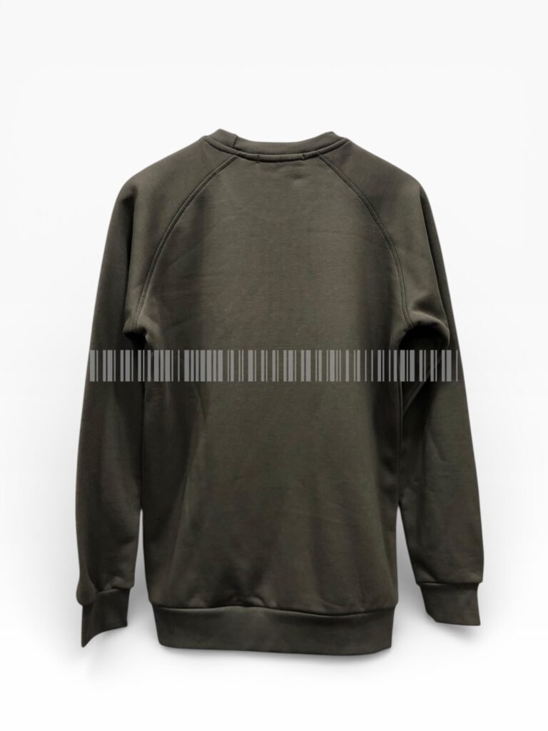 Back view of a charcoal long-sleeve sweatshirt.