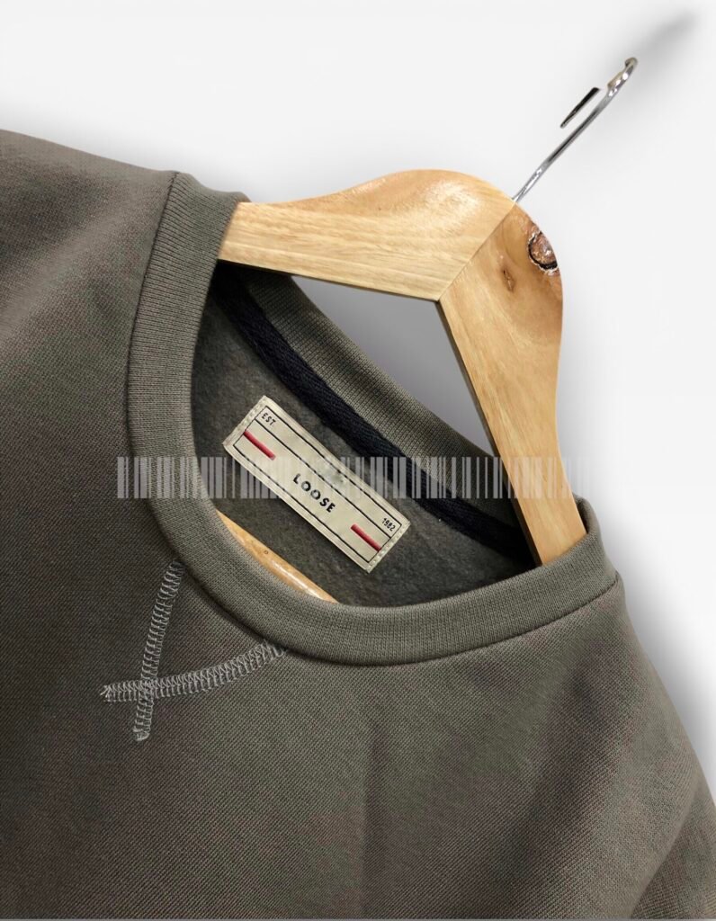Close-up of the neckline on a brown sweatshirt.