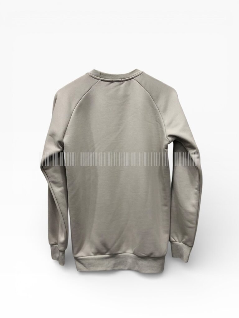 Back view of a light grey long-sleeve sweatshirt.